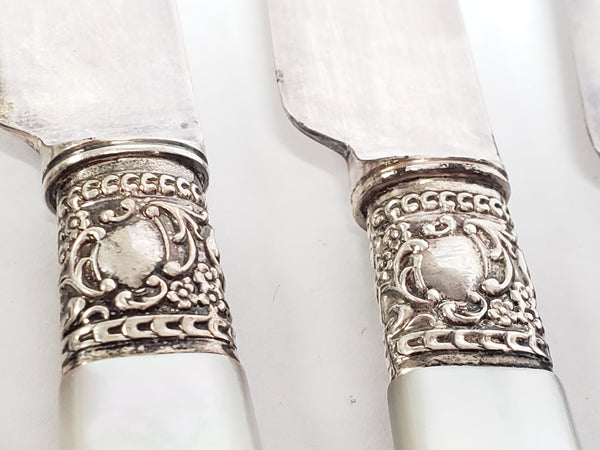 Mother-of-Pearl & Sterling Silver Banded Luncheon Knives Set of 12 By S. Kind & Sons - Early 1900's