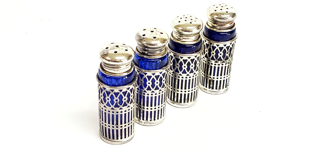 Salt And Pepper Shakers Set Cobalt Blue Glass Liners Silverplate