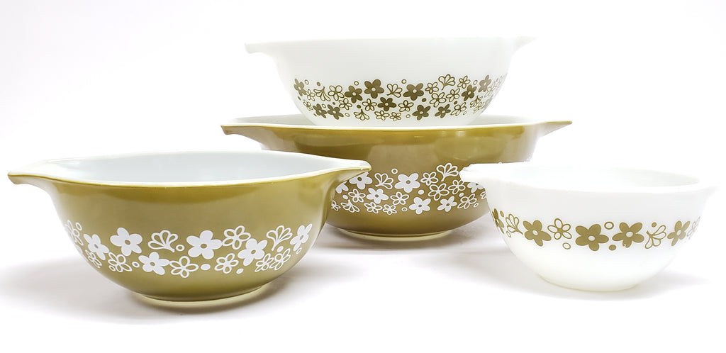 Pyrex Glass USA Pair Verde Avocado Green Cinderella Mixing Bowls 443 2 –  Olde Kitchen & Home