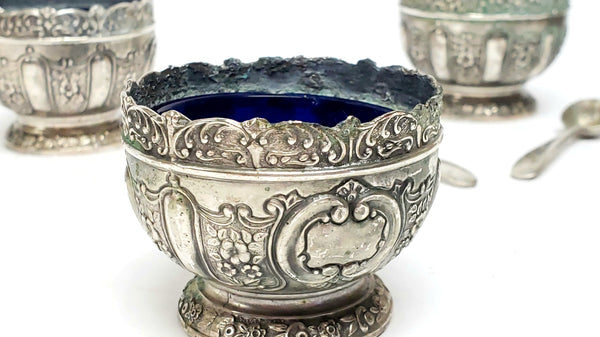 Antique Japanese Art Nouveau Open Salt Cellars w/ Cobalt Blue Glass Liners & Two Spoons