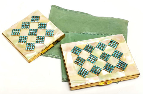 Mid-Century Mother of Pearl & Aqua Rhinestone Compact Cases - by Elgin American, Signed