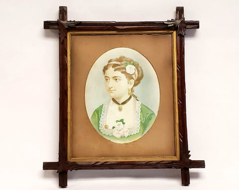 Early 1900's Lithograph Portrait Photograph Framed in Wooden Adirondack Criss Cross Frame