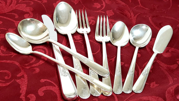 Holmes & Edwards, IS Silverplate, Sterling Silver Inlaid Flatware Set w/ Chest, Youth Pattern, Service for 8, World War II Era