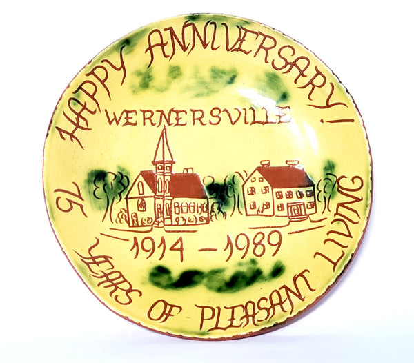 Signed Redware Pie Plate "Happy Anniversary Wernersville" Pennsylvania 1989 by Lester Breininger