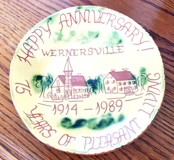 Signed Redware Pie Plate "Happy Anniversary Wernersville" Pennsylvania 1989 by Lester Breininger