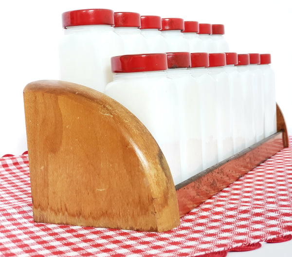 Set of 15 White Milk Glass Spice Jars w/ Red Metal Lids & Rack - Griffith ~ 1940's