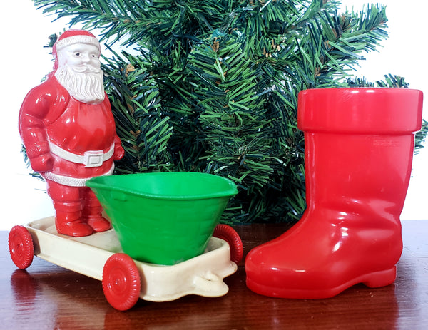 Americana Vintage Plastic Candy Container Holders - Boot and Santa Pull Cart on Wheels ~ 1950's