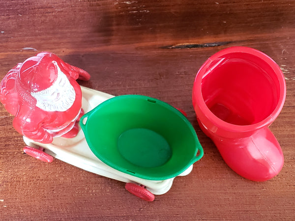 Americana Vintage Plastic Candy Container Holders - Boot and Santa Pull Cart on Wheels ~ 1950's