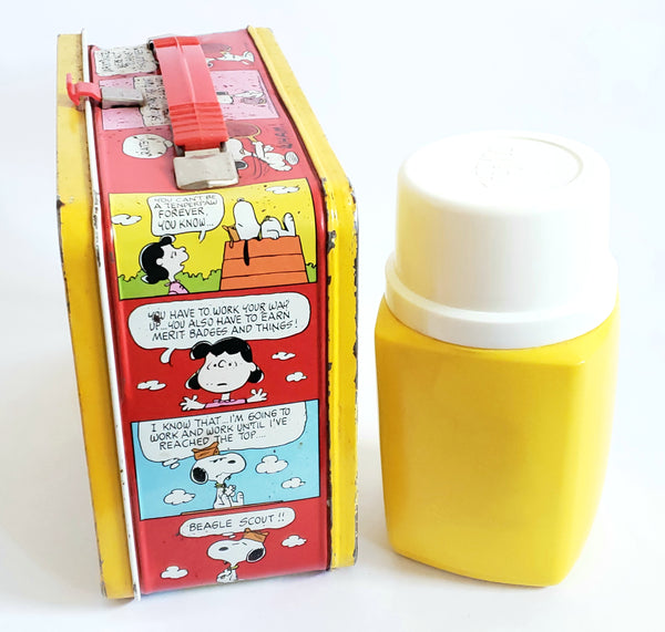 Charlie Brown Snoopy Peanuts Cartoon Metal Lunch Box and Yellow Plastic Thermos c. 1960's