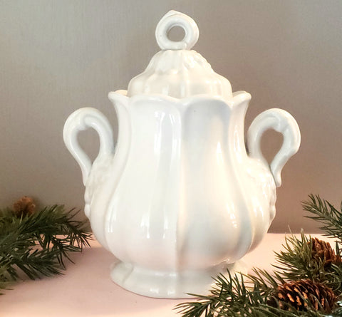 Antique English White Ironstone Covered Sugar Bowl, Panelled Grape, by Jacob Furnival 