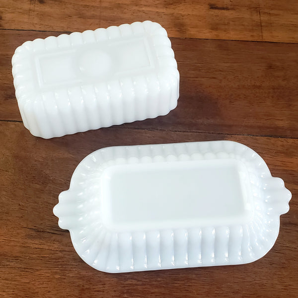 Small Half Stick Milk White Glass Covered Butter Dishes Set of 2 - Mid Century