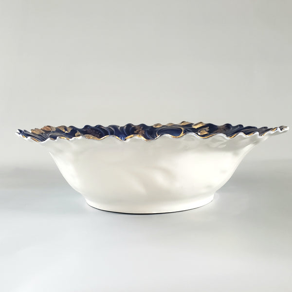 Antique Porcelain 10 inch Cabinet Bowl - Ruffled Cobalt Blue Roses Cascading Gold Tulips - Germany