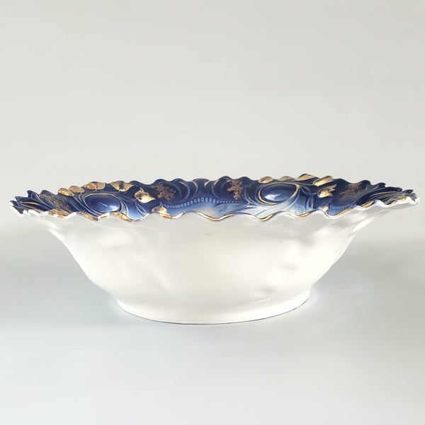 Antique Porcelain 10 inch Cabinet Bowl - Ruffled Cobalt Blue Roses Cascading Gold Tulips - Germany