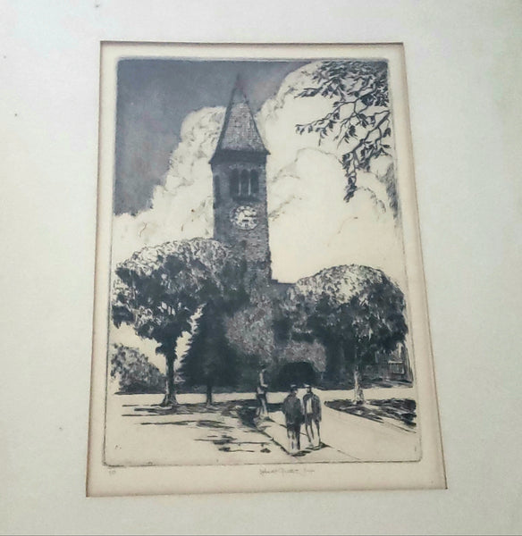 John McGrath Framed Pencil Etching of Cornell University McGraw Library Tower