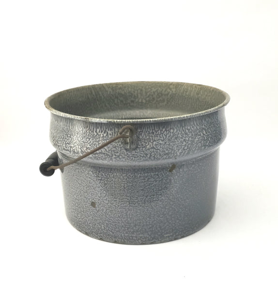 Antique Gray Enameled Graniteware Pot, Pail with Bail Handle Wood Grip No Lid