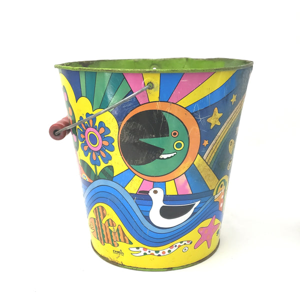 Vintage Tin Litho Children's Beach Sand Pail Wooden Grip Bail Handle & Shovel by Chein