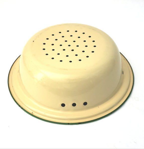 Vintage Cream with Green Trim Enamelware Round Colander Strainer